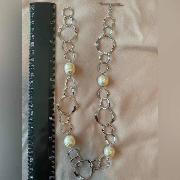 Majorica Baroque Hammered Oval Pearl Necklace - 925 Sterling Silver - Picture 3 of 4